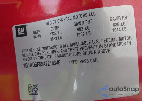 2010 Chevrolet Cobalt Lt из США, поврежденный, VIN 1G1AD5F55A7214346